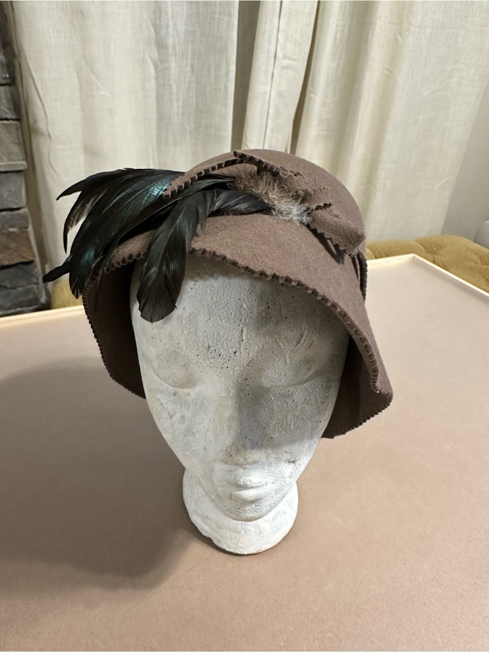 Vintage Lancaster 100% Wool Classic Brown Feather Cloche Hat - Women Accessories